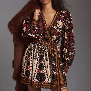 FARM Rio Red and Gold Plunge Neck Bishop Sleeve Sundress